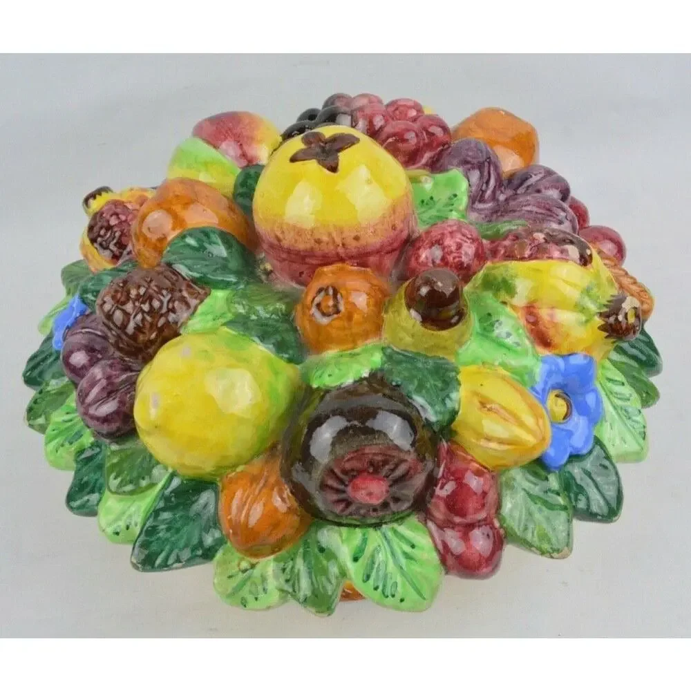 Italian Majolica Ceramic Fruit Basket Canister Jar Lid Centerpiece Antique